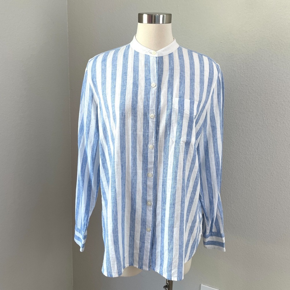 Chaps Womens Large Linen Cotton Button Up Shirt Striped Collarless Longā Sleeve